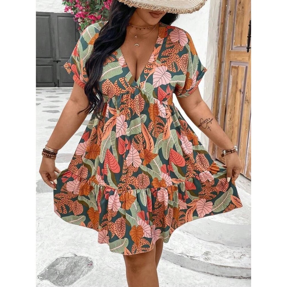 Tropical Swim Cover Up Mini Dress XL Floral Beach Boho Sundress Ruffles Tiered